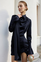 Matte Satin Bell Sleeve Stand Collar Elegant Mini Dress image 2
