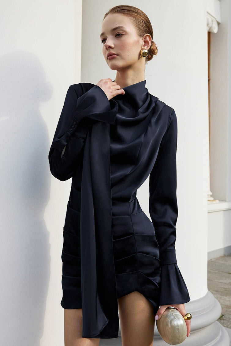 Matte Satin Bell Sleeve Stand Collar Elegant Mini Dress image 2