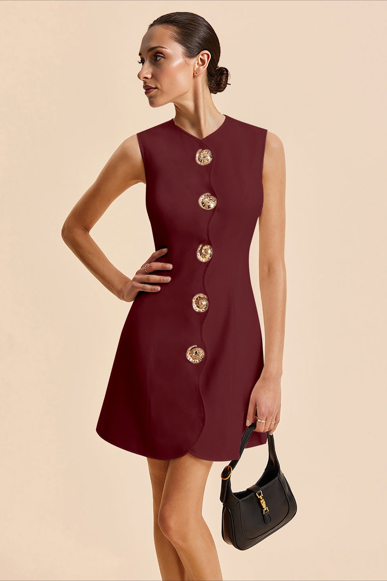 Round Neck Buttoned Solid Mini Dress image 7