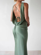 Sylvie Satin Maxi Dress detail view styled for Avrienne