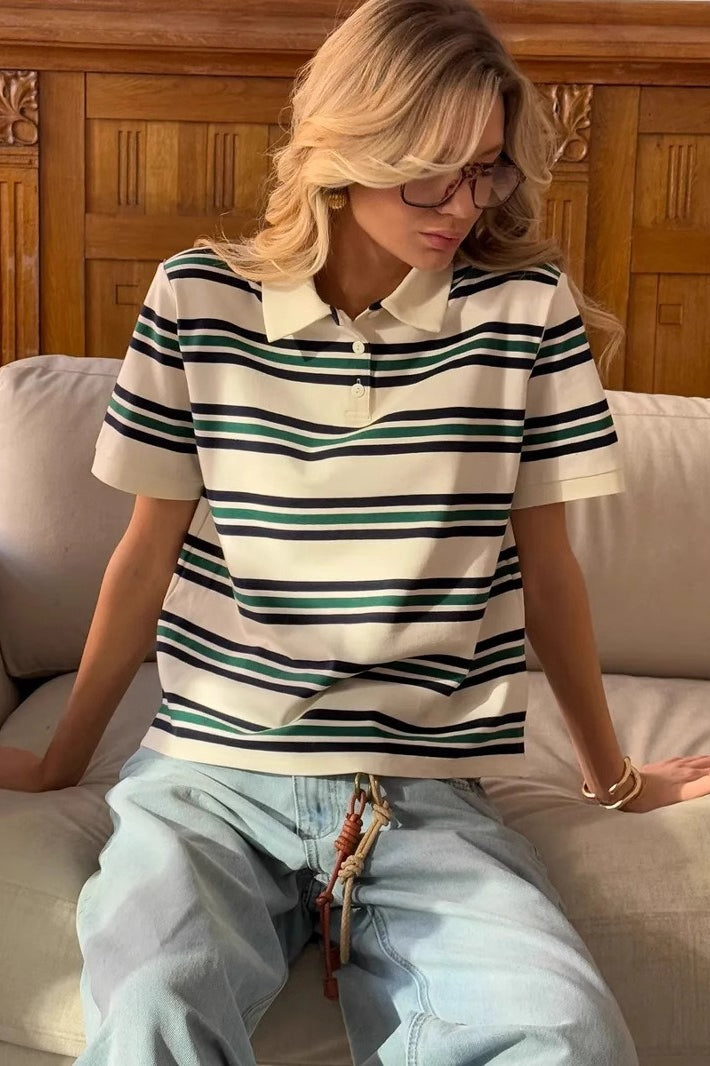 Vintage Color Block Stripe Polo Short Sleeve T-shirt image 5