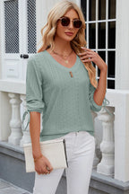 Petra Eyelet Top detail view styled for Avrienne