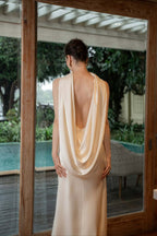 Elegant Solid Color Satin Draped Back Long Prom Dress image 4