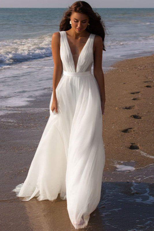 Elegant Minimalist Deep V Backless Reception Dress image 2
