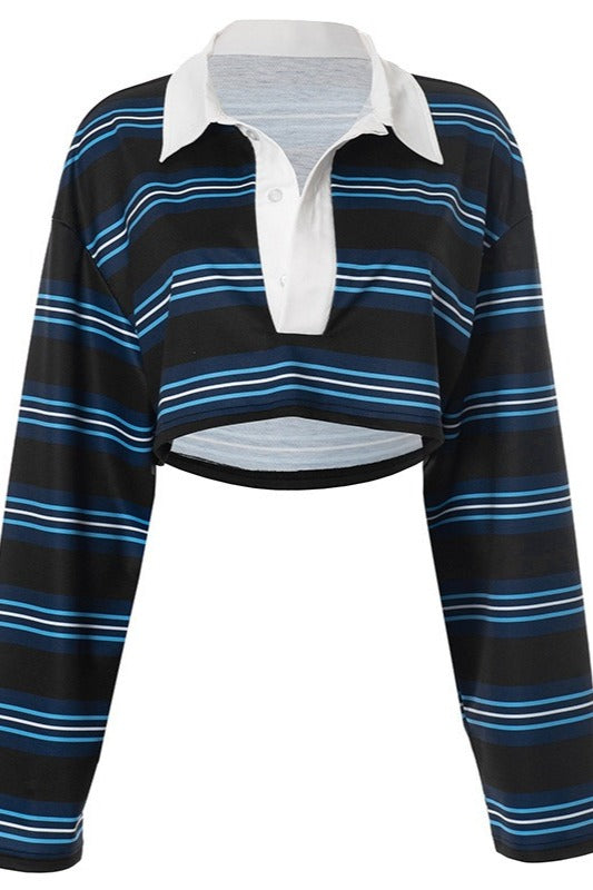Stripe Polo Collar Crop Long Sleeve T-shirt image 5