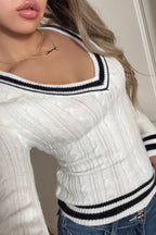 V Neck Striped Long Sleeve Slim Fit Knit Pullover Sweater image 2