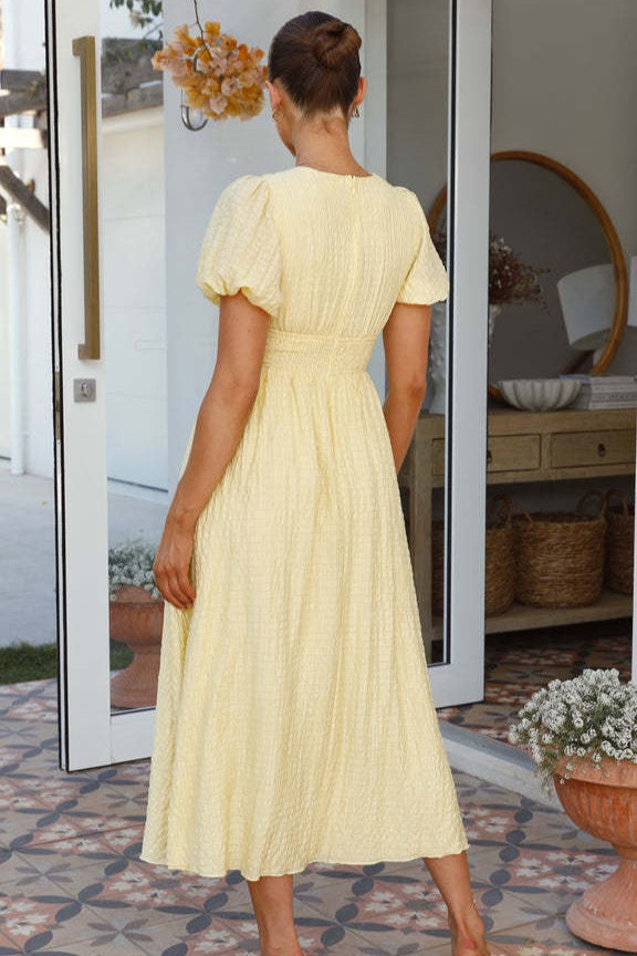 Solid V Neck Puff Sleeve Flared Midi Dress image 6