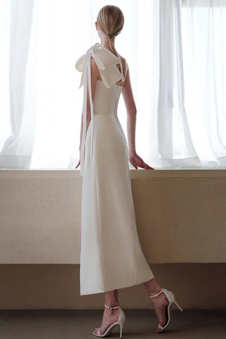Satin Minimalist Bow High Slit Reception Dress image 5