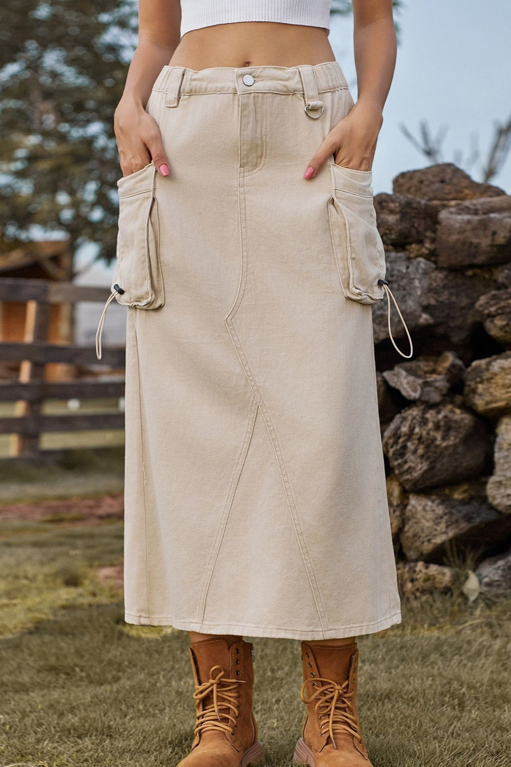 Vintage High-Waist Denim Cargo Midi Skirt image 3