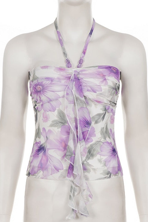 Floral Print Beaded Romantic Halter Top image 5