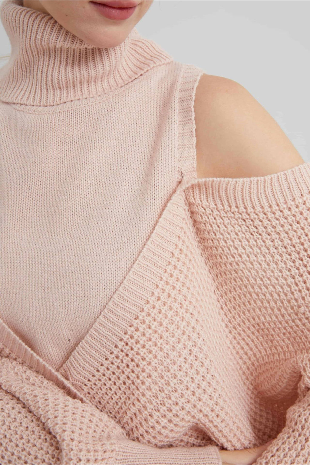 High Neck Off-Shoulder Double Layer Knit Sweater image 3