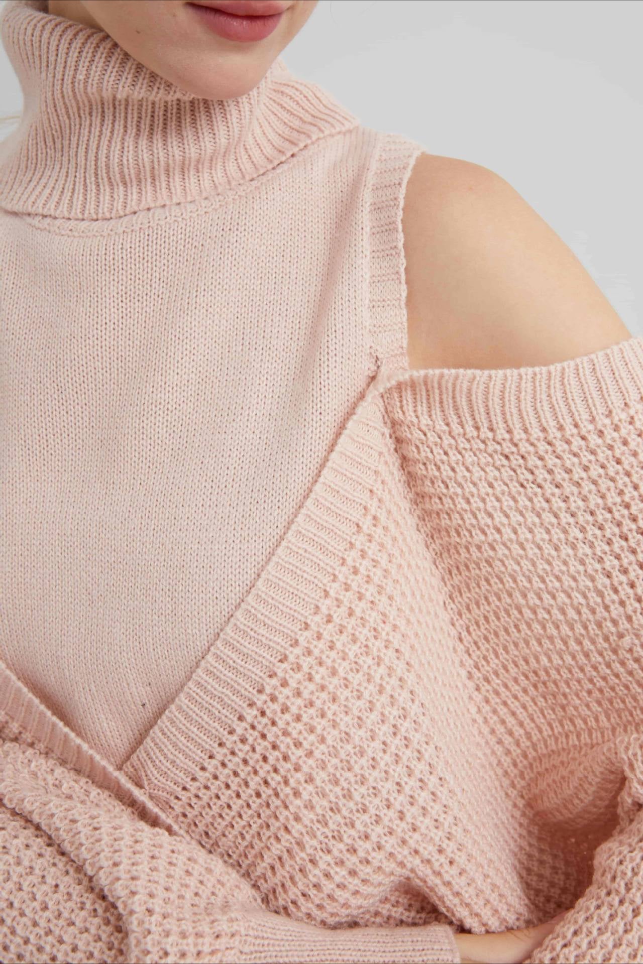 High Neck Off-Shoulder Double Layer Knit Sweater image 3