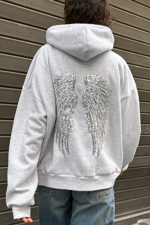 Solid Sequin Wing Graphic Relaxed Hoodie image 1