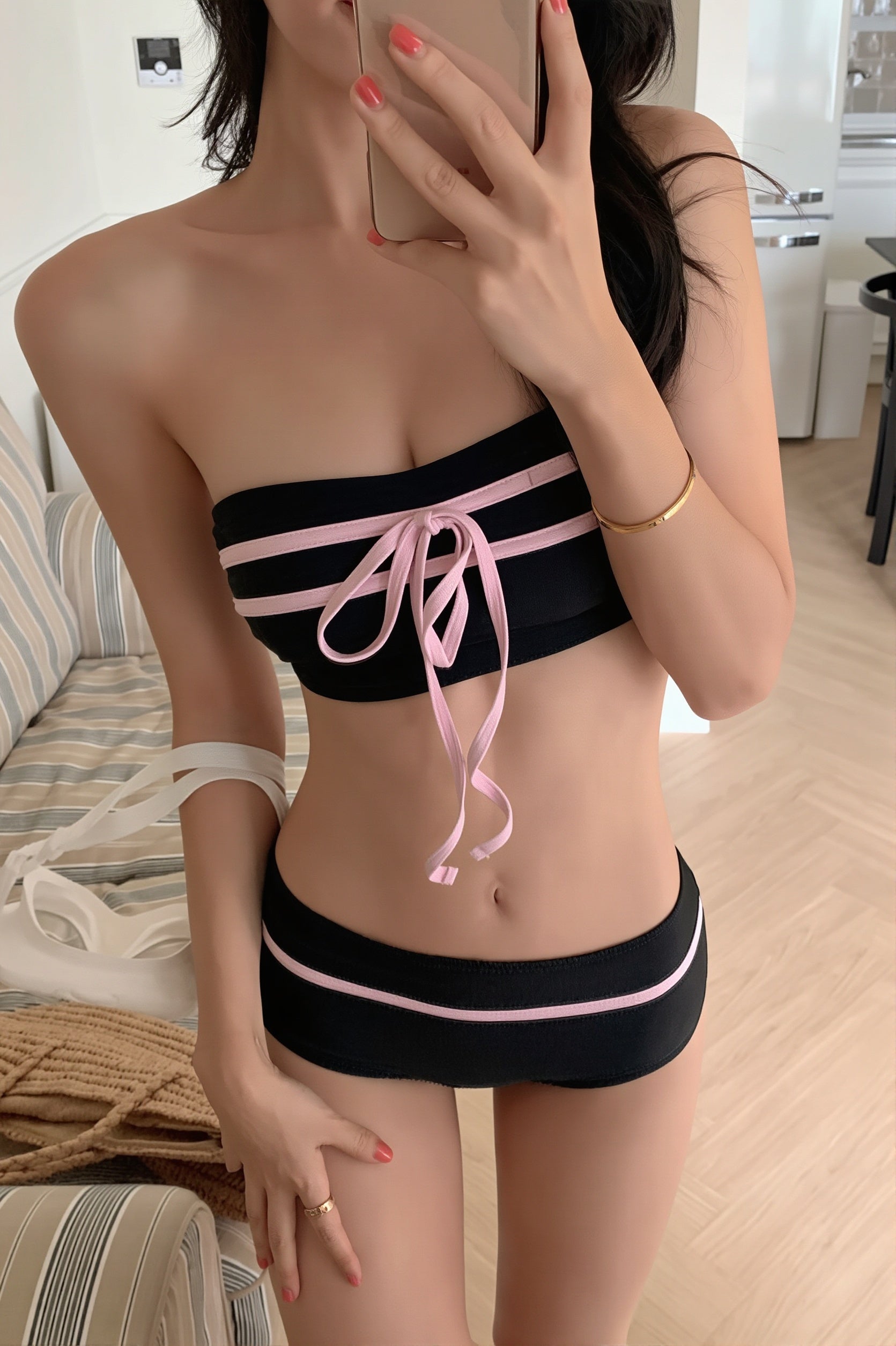Bandeau Color Block Bow Sweet Bikini Set image 3