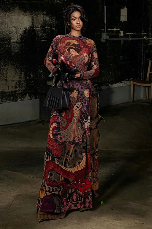 Round Neck Printed Waist Tie High Slit Maxi Dress image 4