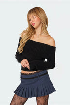 Off-Shoulder Fitted Knit Sweater image 2