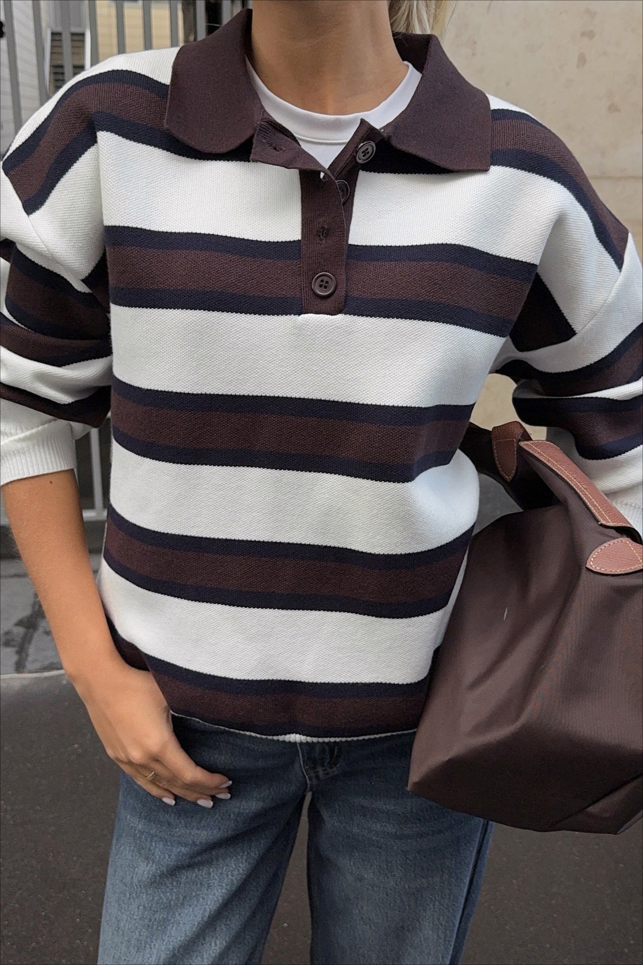 Striped Knit Polo Retro Loose Sweater image 2