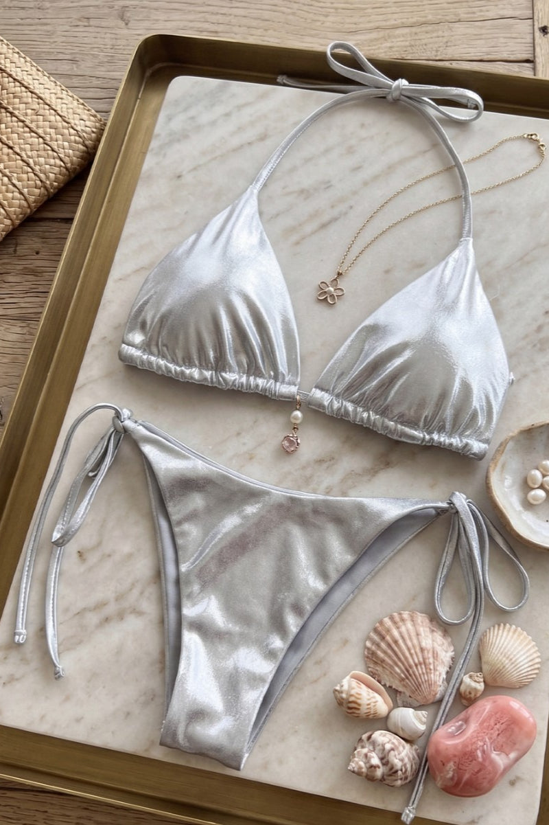 Shiny Silver Halter Bikini Two Piece Sport Style Bikini Sets image 4