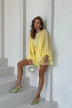Round Neck Button Ruffle Bell Sleeve Mini Dress image 4