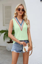 Maelle Eyelet Tank detail view styled for Avrienne