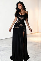 Draped Off Shoulder Lace Slit Maxi Dress image 1