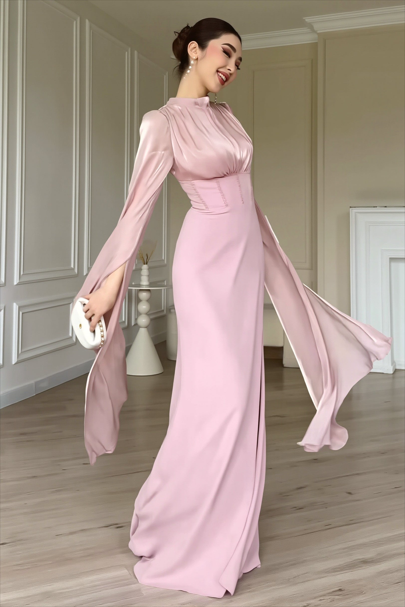 Glossy Flowy Sleeve Slim Maxi Dress image 2
