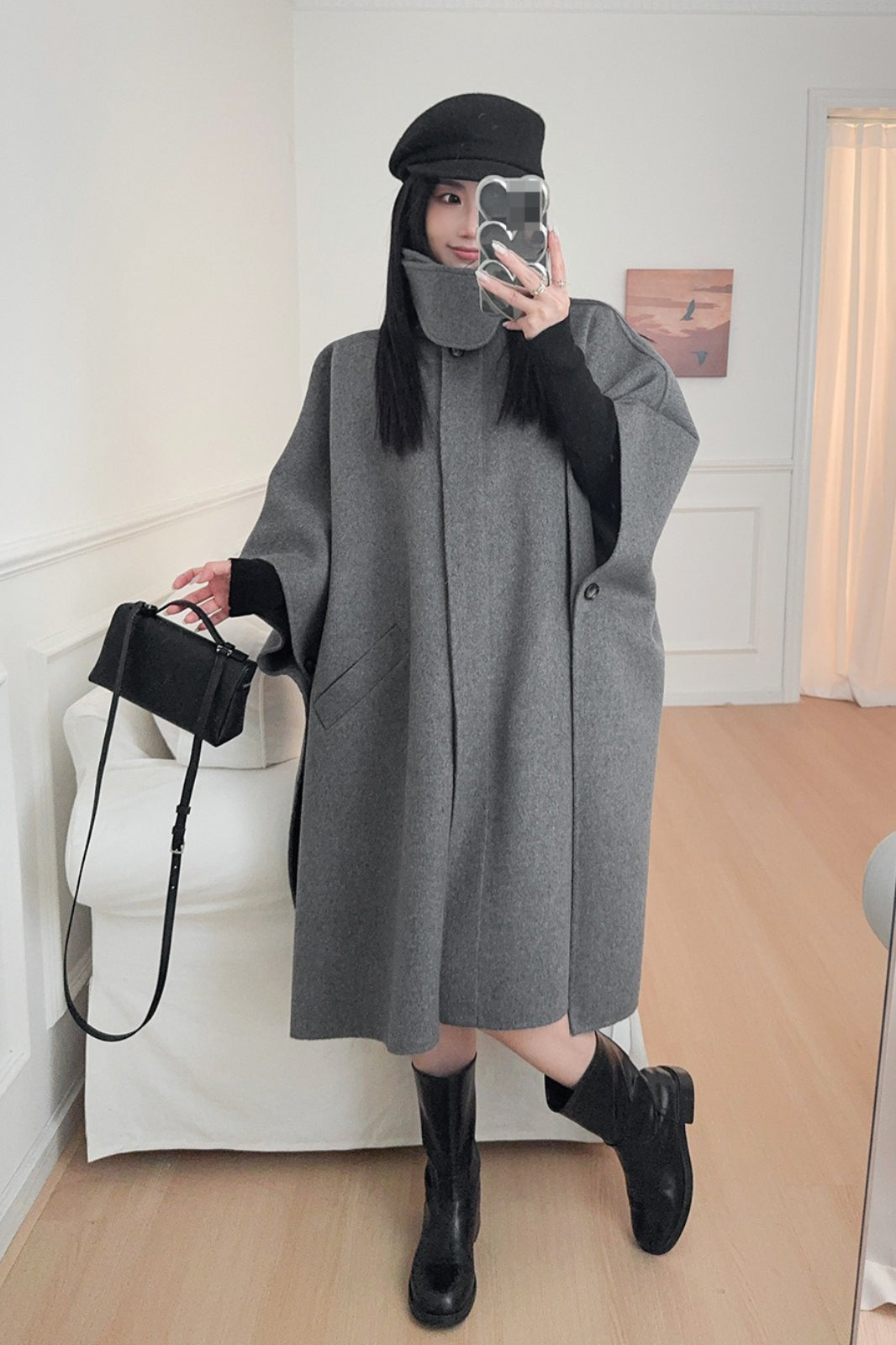 Beige Lapel Double Faced Wool Blend Cape Convertible Overcoat image 8