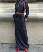 Blue Zipper Crop Low Waist Office Two Piece Set image 1