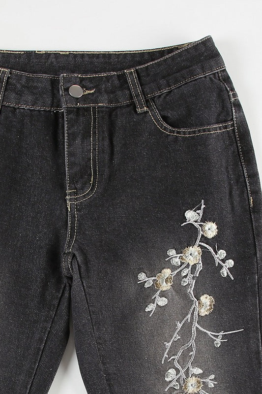 Plant Embroidered Low Waist Flare Jeans image 4