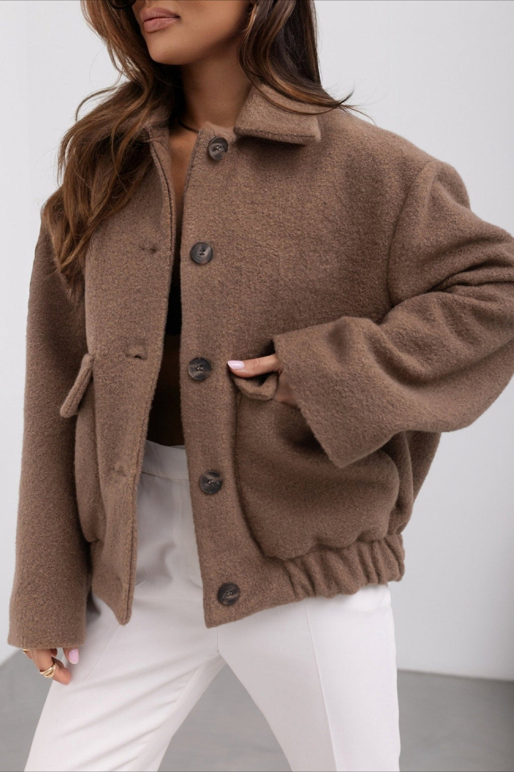 Trendy Solid Wool Pocket Elastic Snap Coat image 4