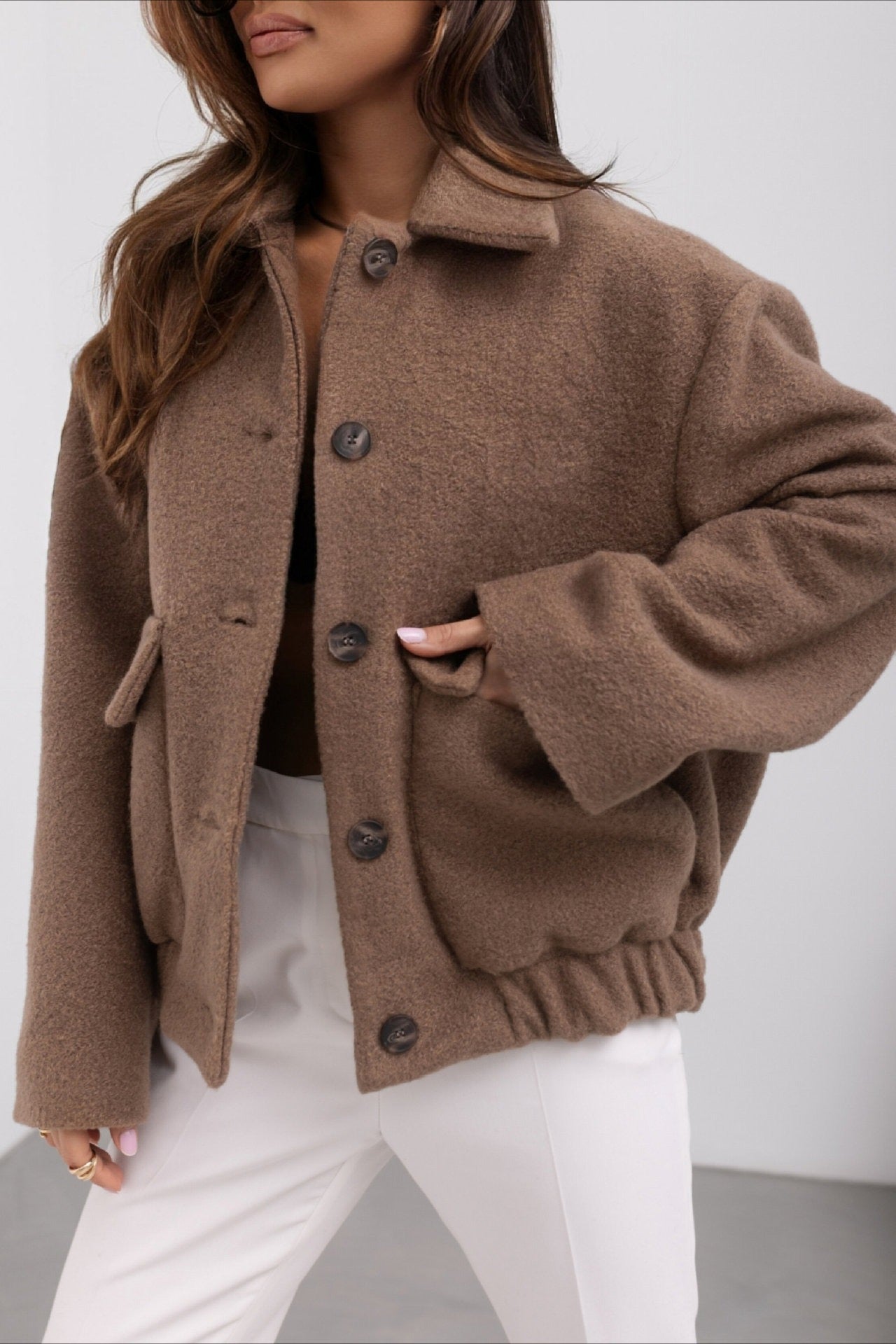 Trendy Solid Wool Pocket Elastic Snap Coat image 4