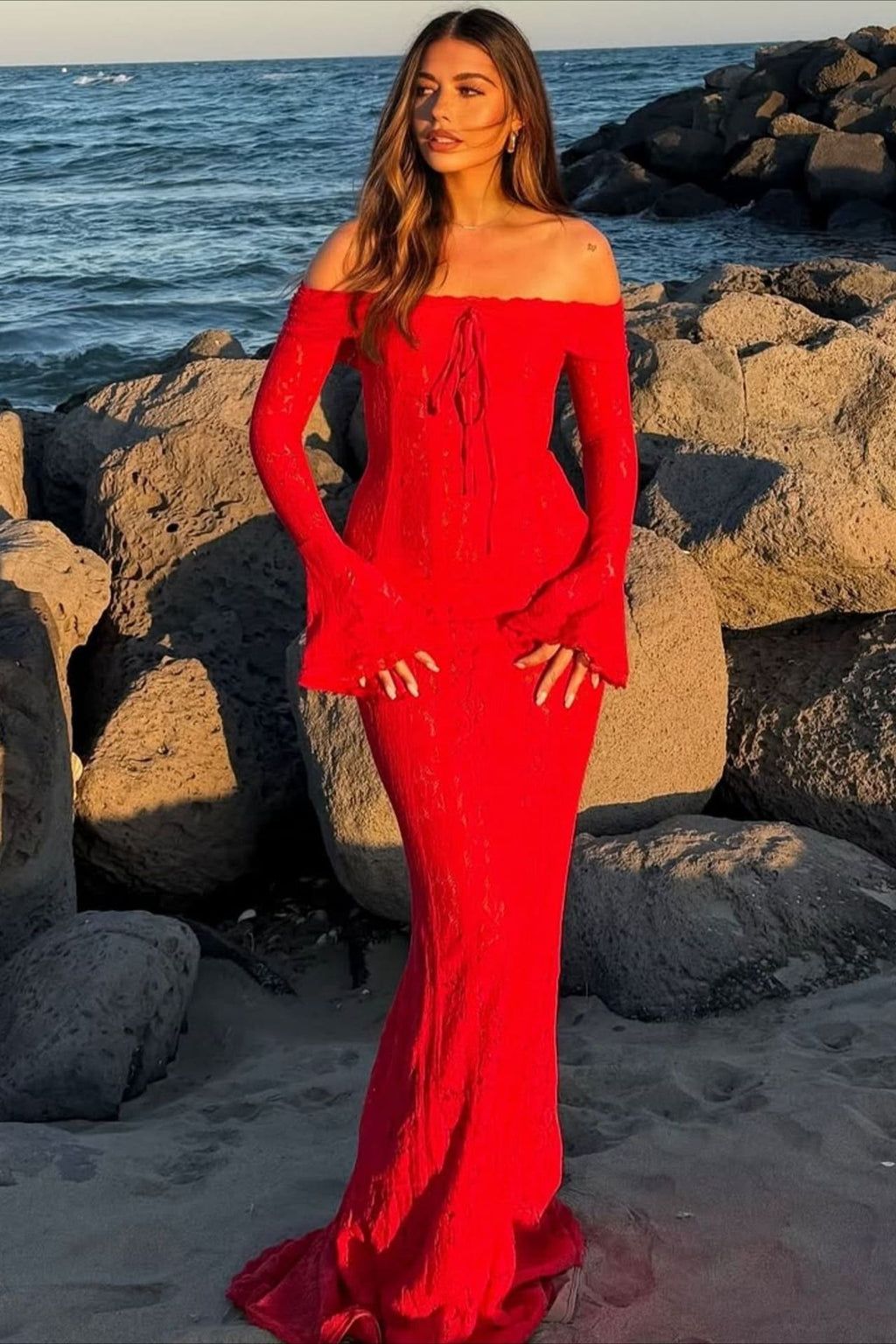 Off Shoulder Lace Flare Sleeve Fitted Train Elegant Maxi Dress image 10
