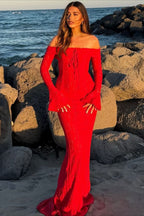 Off Shoulder Lace Flare Sleeve Fitted Train Elegant Maxi Dress image 10
