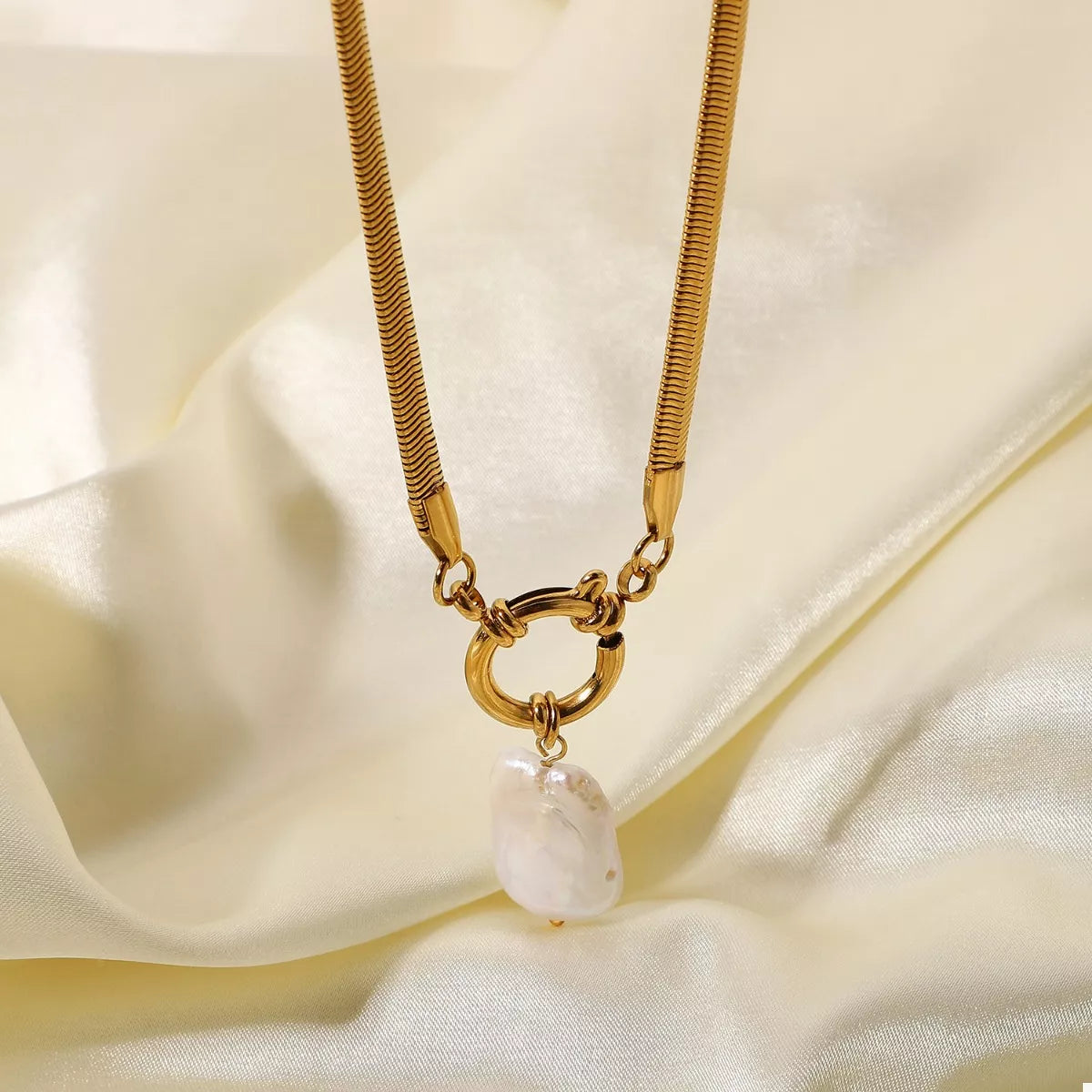 Sabina Pearl Necklace detail view styled for Avrienne