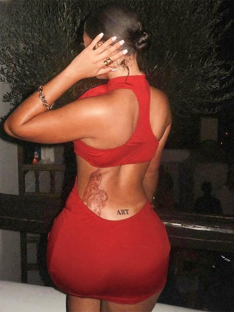 3D Flower Decoration Red Vacation Dresses Sexy Hollow Backless Bodycon Party Dress image 2