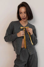 Minimalist Knitted Gold Buckle Crew Neck Cardigan image 1