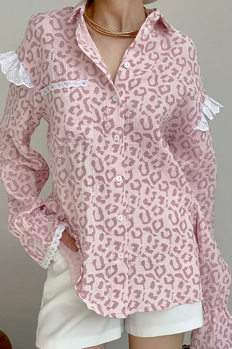 Elegant Leopard Print Cotton Long Sleeve Blouse image 5