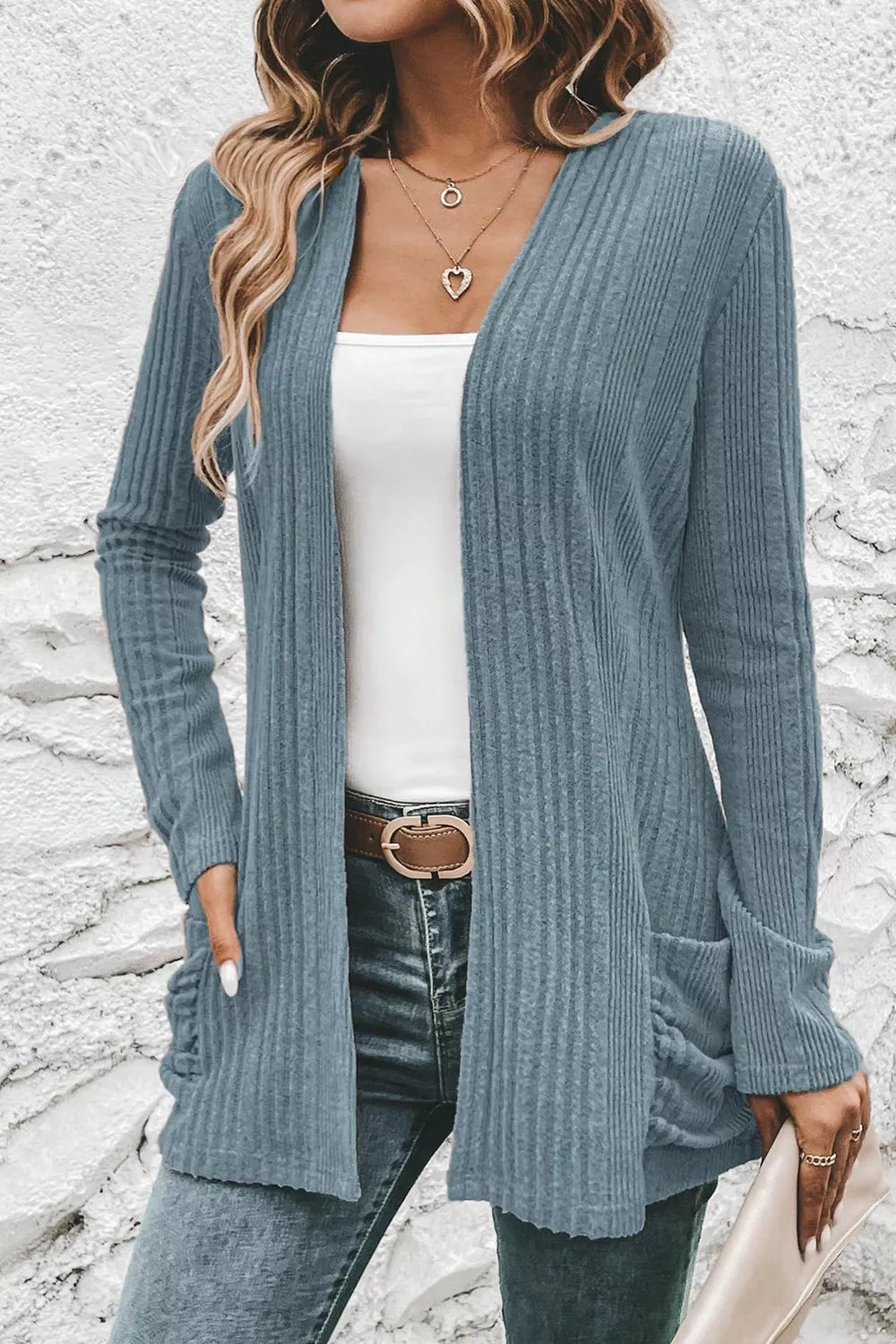 Estelle Pocket Cardigan detail view styled for Avrienne