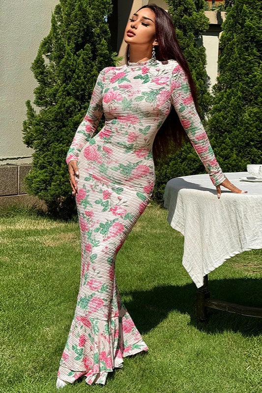 Elegant Floral Print Long Sleeve Bodycon Maxi Dress image 2