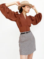 Vintage Lantern Sleeve V-Neck Slim Fit Blouse image 2