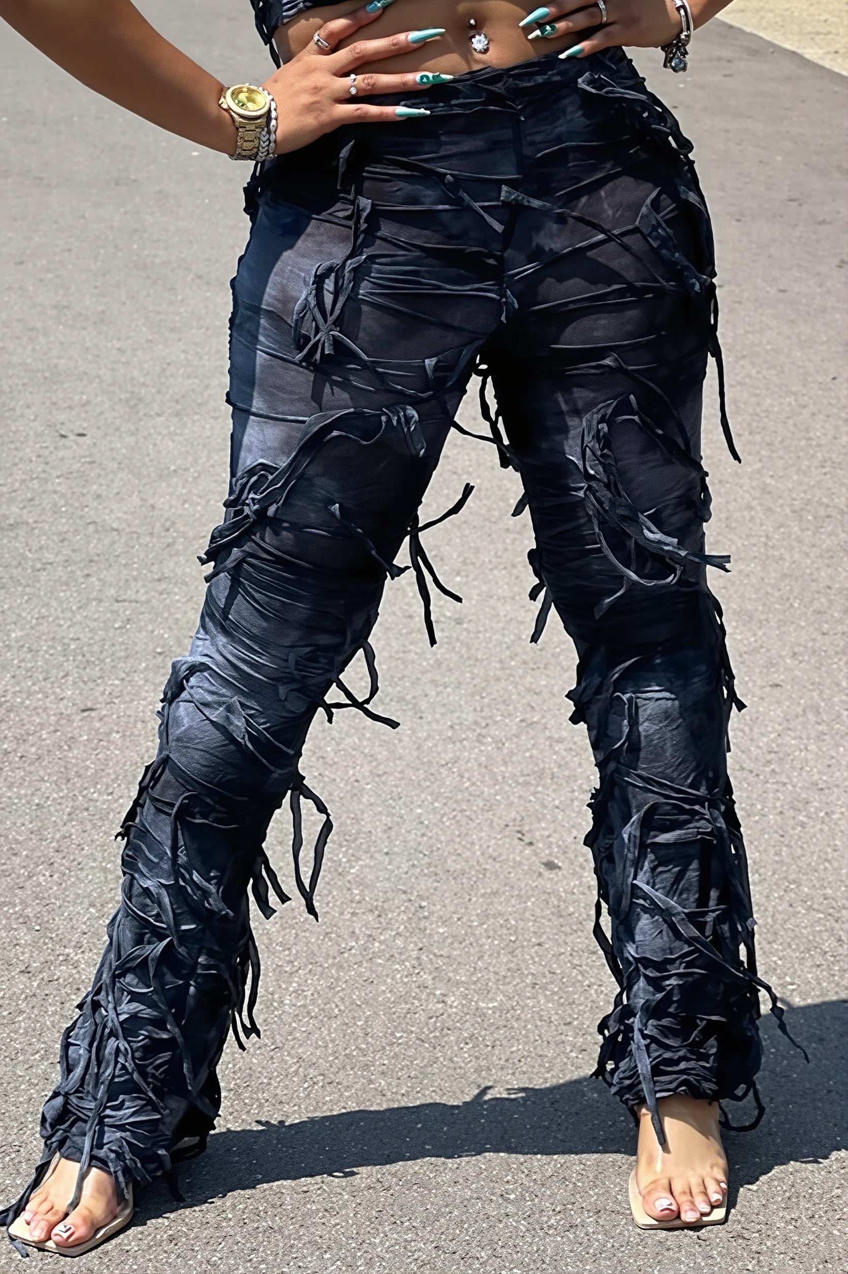 Ripped Fringe Tie Flared Pants image 7