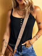 Lara Button Tank detail view styled for Avrienne