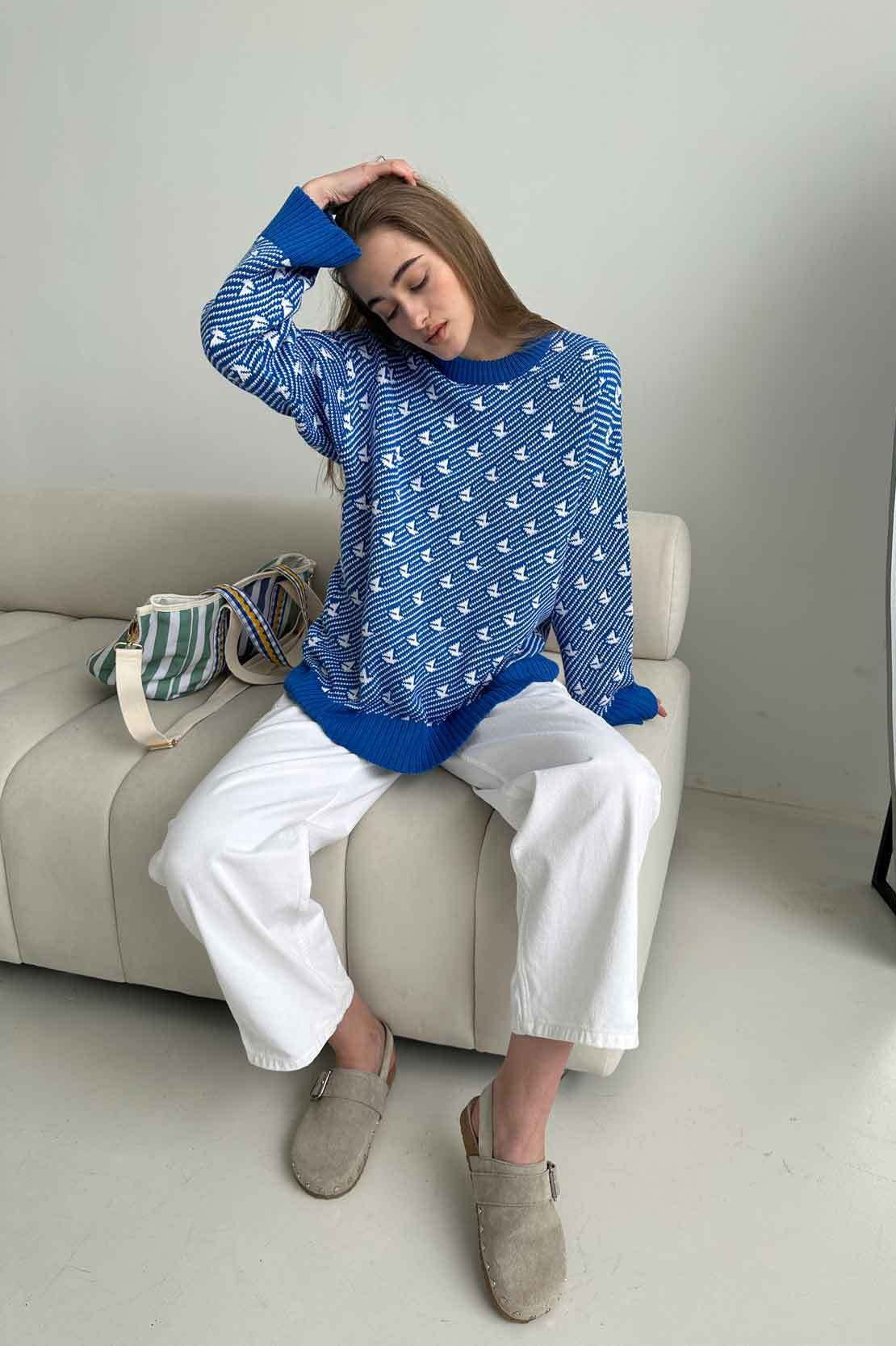 Sailboat Pattern Crew Neck Knit Sweater image 2