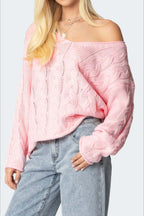 Solid Color V-Neck Cable-Knit Loose Sweater image 6
