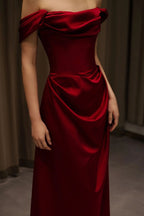 Off Shoulder Wine Red Satin Formal Dress image 2