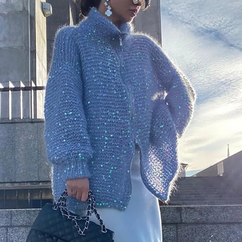 Solid Color Sequin Turtleneck Cardigan image 1