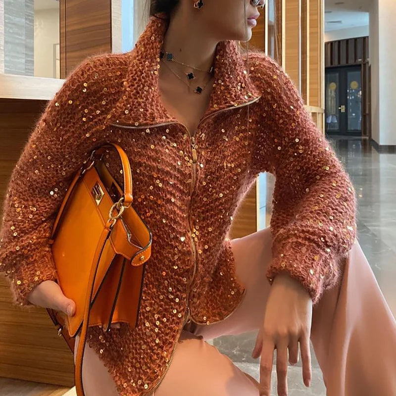 Solid Color Sequin Turtleneck Cardigan image 2