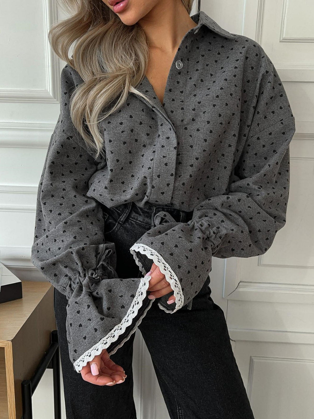 Women Heart Print Button Down Shirt image 1