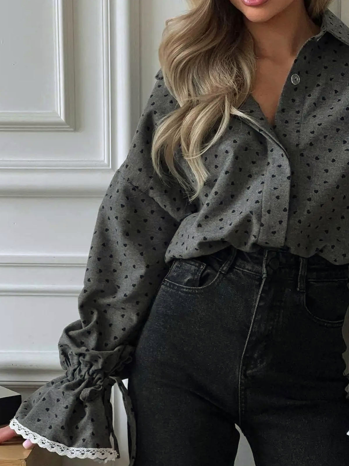 Women Heart Print Button Down Shirt image 2