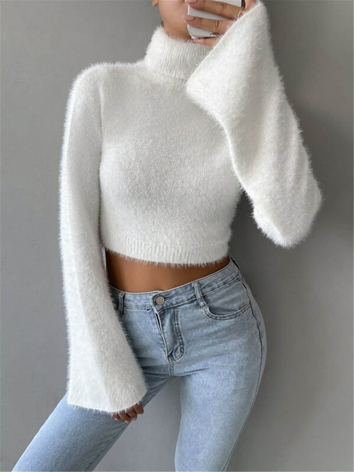 Turtleneck Fuzzy Crop Knit Top image 4